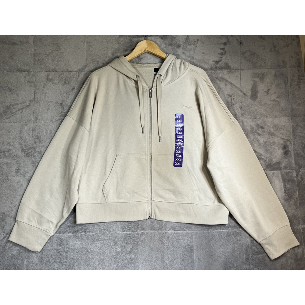 DKNY Hoodie Women 2XL Pebble Full Zip Cropped Terry Coastal Neutral Beachy NEW